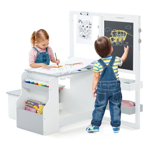 COSTWAY 6 in 1 Kinder Staffelei Set, Standtafel aus Holz mit doppelseitiger Kreidetafel & Whiteboard & Papierrolle, Kindertafel höhenverstellbar mit Bank, Ablagen für Kinder ab 3 Jahren (Hellgrau) von COSTWAY