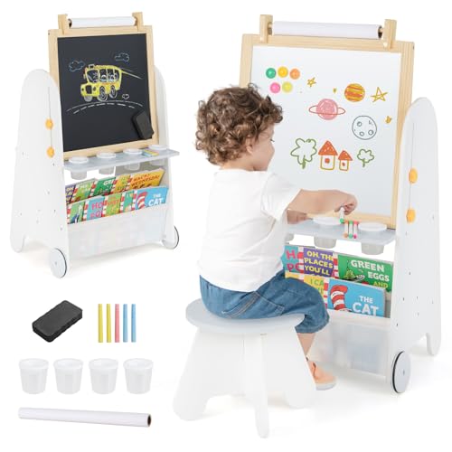 COSTWAY Kinder Staffelei mit Hocker, 4-in-1 Kindertafel mit Magnettafel, Schultafel, Bücherregalen, Standtafel inkl. Papierrolle & Zubehör, Kinderstaffelei für Kinder ab 3 Jahren von COSTWAY