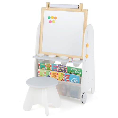 COSTWAY Kinder Staffelei mit Hocker, 4-in-1 Kindertafel mit Magnettafel, Schultafel, Bücherregalen, Standtafel inkl. Papierrolle & Zubehör, Kinderstaffelei für Kinder ab 3 Jahren von COSTWAY