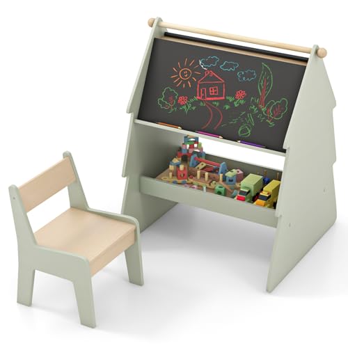 COSTWAY Staffelei Kinder mit Stuhl in Baumform, 2 in 1 Standtafel doppelseitig mit Kreidetafel & Whiteboard, Kindertafel mit Ablage & Papierrollenhalter, Kinderstaffelei für Kinder ab 3 Jahren, Grün von COSTWAY