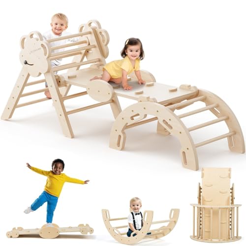 COSYLAND 3-in-1 Indoor Klettergerüst für Kleinkinder – Faltbares Kletterset aus Holz mit Rampenrutsche und Bogen, Kinder-Holz-Fitnessstudio für Kleinkinder im Alter von 1-3 Jahren, Indoor-Kletterer von COSYLAND