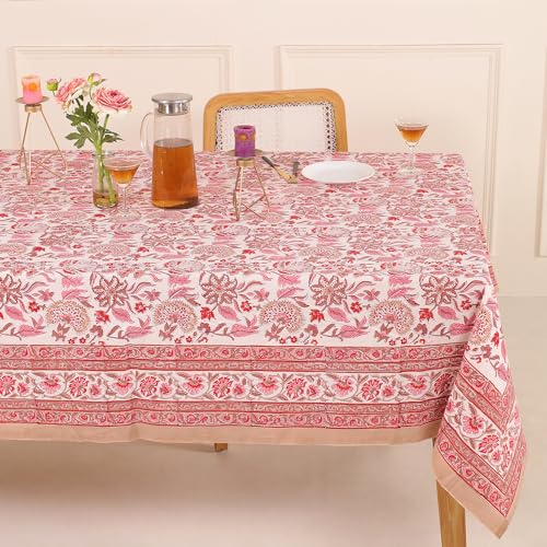 COTSILER Premium handblockbedruckte Baumwoll-Tischdecke mit Blumenmuster, rechteckig, waschbar, vorgewaschen, Veranstaltung, Esszimmer, Thanksgiving (Rot-Rosa-D5, 183 x 348 cm) von COTSILER