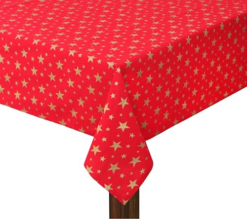 COTTON CRAFT Weihnachtstischdecke – festliche Tischdecke mit goldenen Sternen – 100 % Baumwolle – dekorative Urlaubsdekoration – wiederverwendbare Esstischdecke – Party-Tischdecke – 132 x 178 cm von COTTON CRAFT