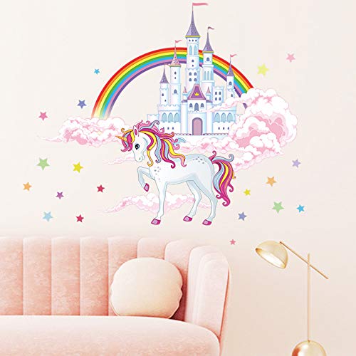 COVPAW® Wandtattoo Wandaufkleber Einhorn Prinzessin Schloss Burg Regenbogen Baby Wandsticker Wandbild Bilder Babyzimmer Schlafzimmer Spielraum Deco Kind Mädchen von COVPAW