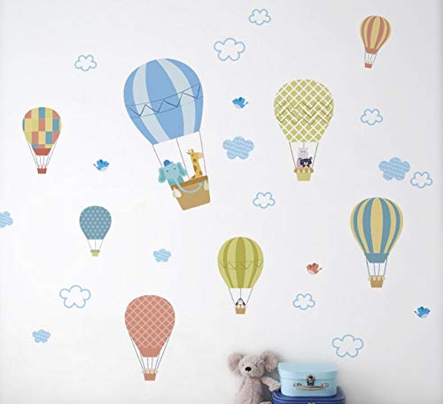 COVPAW® Wandtattoo Wandaufkleber Heißluftballon Tiere Wandsticker Wandbild Bilder Wohnzimmer Schlafzimmer Deco Kind Jungen Kinderzimmer Babyzimmer (Gelb-blau) von COVPAW