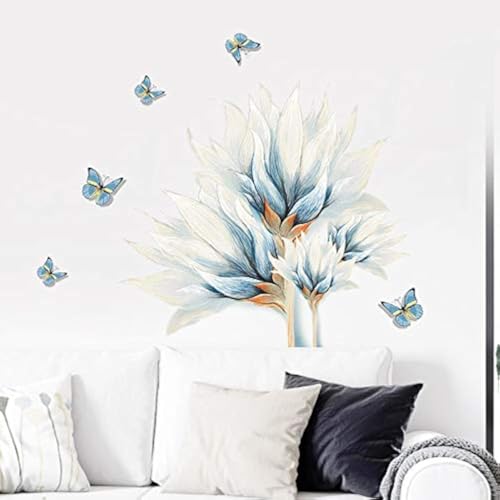 COVPAW® Wandtattoo Wandaufkleber XXL Lilie Blau Schmetterling Blumen Wandsticker Wandbild Bilder Wohnzimmer Schlafzimmer Deco von COVPAW