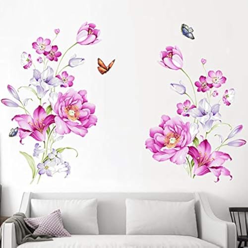 COVPAW® Wandtattoo Wandaufkleber XXL Pfingstrose Lilie Rosa Lila Peony Blumen Wandsticker Wandbild Bilder Wohnzimmer Schlafzimmer Deco von COVPAW