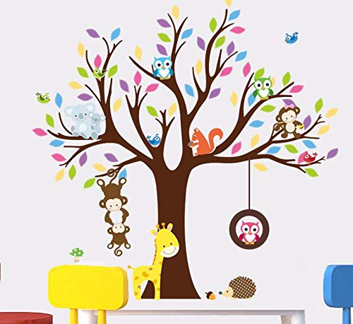 COVPAW® Wandtattoo Wandaufkleber Zoo Tiergarten Wald Baum Eule AFFE Schaukel Giraffe Tierpark Wandsticker Wandbild Bilder Wohnzimmer Schlafzimmer Deco Kind Jungen Kinderzimmer von COVPAW