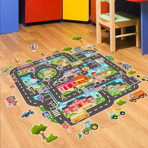 COVPAW Wandaufkleber Bodenaufkleber Stadtplan Kinderzimmer Stadt Strasse Fahrzeug Wandtattoo Wandbild Wandsticker Wohnzimmer Kindergarten Tisch Wanddeko Kids Geschenk Kinder Junge Mädchen (Stadtplan) von COVPAW