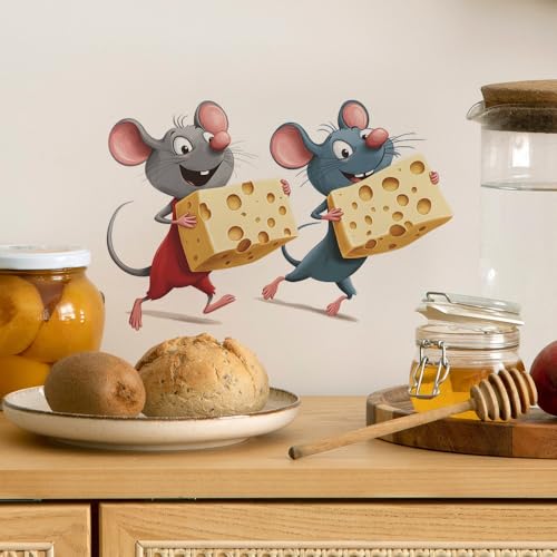 COVPAW Wandaufkleber süss 2 kleine Mäuser Käse Küche Kinderzimmer Wandtattoo Maus Cheese Kuchen Essen Wandsticker Wanddeko Babyzimmer Wohnzimmer Schlafzimmer Kindergarten (Mauskaese) von COVPAW