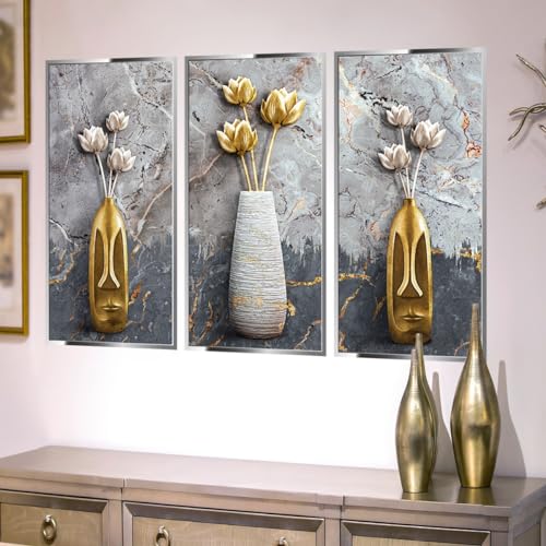 COVPAW Wandtattoo 3 Selbstklebend Wandbilder Vase Stein Golden Tulpen Wandaufkleber Kunst Vase Blumen Goldene Blätter Wandsticker Wohnzimmer Schlafzimmer Kinderzimmer Flur Büro Wanddeko (Stein) von COVPAW