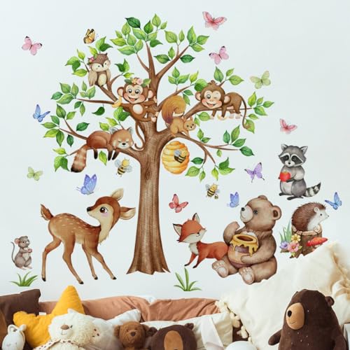 COVPAW Wandtattoo Affen Baum Dschungel Wandaufkleber Zoologischer Garten Wandsticker Sikahirsche, Bären, Bienen, Igel, Schmetterlinge Kinderzimmer Babyzimmer Schlafzimmer Wanddeko (A) von COVPAW