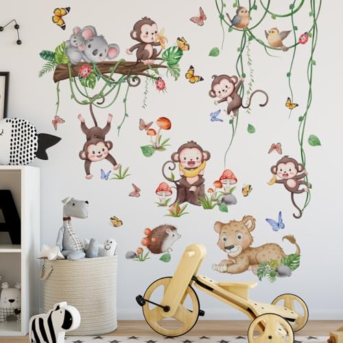 COVPAW Wandtattoo Affen Dschungel Löwen Schaukel Reben Wandaufkleber Affen Baum Ast Kaola Zweige Blätter Vogel Schmetterlingen Wandsticker Kinderzimmer Babyzimmer Schlafzimmer Wanddeko (Affen Tiere) von COVPAW