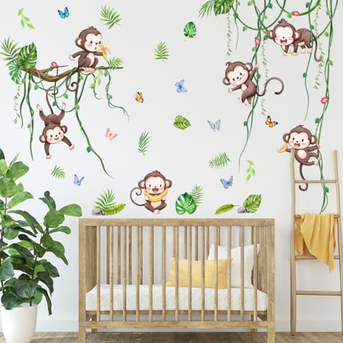 COVPAW Wandtattoo Affen Dschungel Papagei Schaukel Reben Wandaufkleber Affen Baum Zweige Blätter Wandsticker Kinderzimmer Babyzimmer Schlafzimmer Wanddeko (Niedliche Affen) von COVPAW