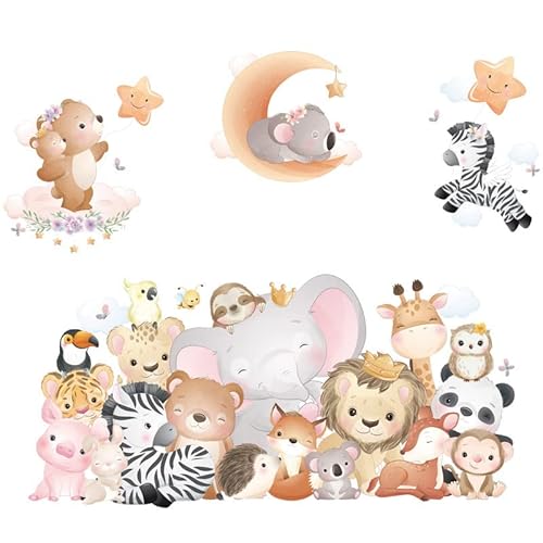 COVPAW Wandtattoo Babyzimmer Tiere Freund Mond Wandaufkleber Kinderzimmer Elefant Löwe, Tiger, Zebra Wandsticker Kindergarten Schlafzimmer Wanddeko von COVPAW