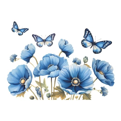 COVPAW Wandtattoo Blaue Blumen Wandaufkleber Schmetterling Natur Wandsticker Kinderzimmer Wohnzimmer Schlafzimmer Flur Küche Büro Wanddeko (Blaue Blumen) von COVPAW