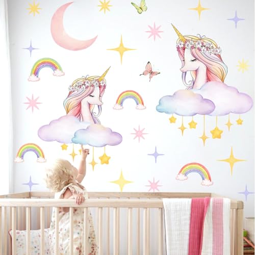 COVPAW Wandtattoo Einhorn Wolken Regenbogen Wandaufkleber Sterne Mond Prinzessin Schmetterlinge Mädchen Wandsticker Wanddeko für Mädchenzimmer Kinderzimmer Babyzimmer (EINHORNWOLKEN) von COVPAW