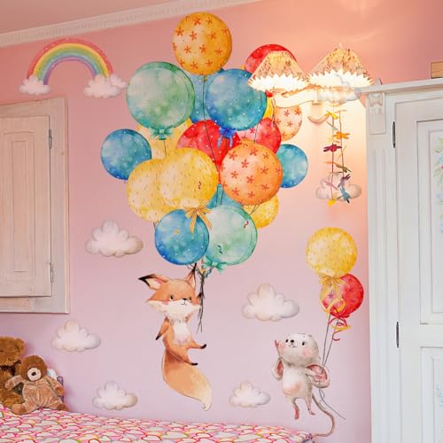 COVPAW Wandtattoo Gross Ballons Fuchs Kaninchen Hase Wandaufkleber Kinderzimmer Wandsticker Babyzimmer Kindergarten Schlafzimmer Wanddeko (Tier Ballons Gross) von COVPAW