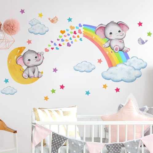 COVPAW Wandtattoo Kinderzimmer Regenbogen Wandaufkleber Babyimmer Elefant Mond Baby Mädchen Junge Wandsticker Wanddeko für Mädchenzimmer Jungezimmer Kindergarten (A) von COVPAW