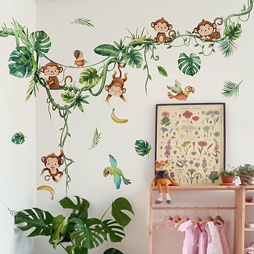 COVPAW Wandtattoo Kinderzimmer XXL Affen Dschungel Papagei Schaukel Reben Wandaufkleber Affen Baum Zweige Blätter Wandsticker Kiindergarten Babyzimmer Schlafzimmer Wanddeko von COVPAW