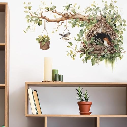 COVPAW Wandtattoo Vogel Nest Wandaufkleber Selbstklebend Ast Grün Blätter Blumenkorb Natur Schmetterlinge Wandsticker Wanddeko Kinderzimmer Babyzimmer Wohnzimmer Schlafzimmer (WVOGELNEST) von COVPAW