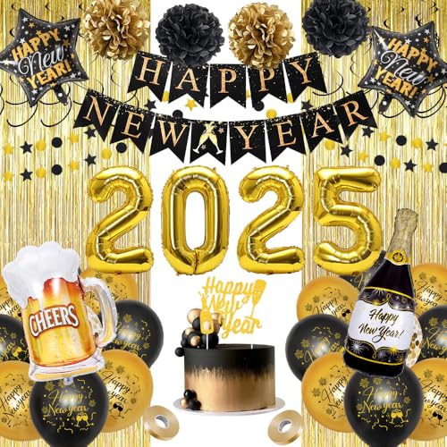 Neujahr Deko 2025, Silvester Deko 2025 Dekoration Set, Happy New Year Deko Girlande mit Schwarz Gold Luftballon, Champagner Stern ballon, 2025 Nummernballon, Happy New Year Banner für Silvesterparty von COYBTO