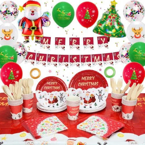 Weihnachten Partygeschirr Set, Christmas Party Geschirr Set 16 Personen, Partyzubehör Partybesteck, Weihnachten Tischdecke Weihnachts Banner Weihnachtsparty Deko für Weihnachtsfeier von COYBTO