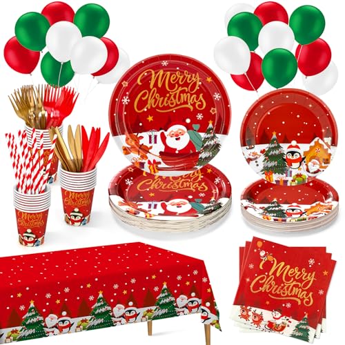 Weihnachtsteller Einweg-Party-Set, serviert 24 rote Weihnachtsgeschirr, inklusive 22,9 cm und 17,8 cm Teller, Servietten, Tischdecke, Tassen, Strohhalme, Messer und Gabeln, Luftballons für von COYLAPY