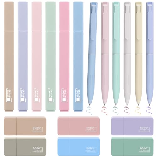 COZCLAM 18 Textmarker Pastell Set, 6 Stifte Aesthetic No-Bleed Marker Stifte, 6 Multicolor Gelstiften und 6 Korrekturroller, Schulsachen Aesthetic Schule Bibel Zubehör für Journal, Bibel, Büro von COZCLAM