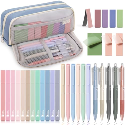 COZCLAM 32pcs Schulsachen Aesthetic mit Blau Mäppchen, 12 Textmarker Pastell, 5 Schwarze Gelstifte, 6 Farbstifte, 5 Lesezeichen und Haftnotizen, Aesthetic School Stuff Clean Girl Schule Zubehör von COZCLAM