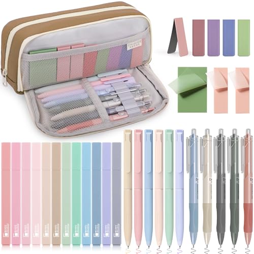 COZCLAM 32pcs Schulsachen Aesthetic mit Braun Mäppchen, 12 Textmarker Pastell, 5 Schwarze Gelstifte, 6 Farbstifte, 5 Lesezeichen und Haftnotizen, Aesthetic School Stuff Clean Girl Schule Zubehör von COZCLAM