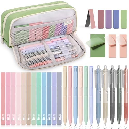 COZCLAM 32pcs Schulsachen Aesthetic mit Grun Mäppchen, 12 Textmarker Pastell, 5 Schwarze Gelstifte, 6 Farbstifte, 5 Lesezeichen und Haftnotizen, Aesthetic School Stuff Clean Girl Schule Zubehör von COZCLAM