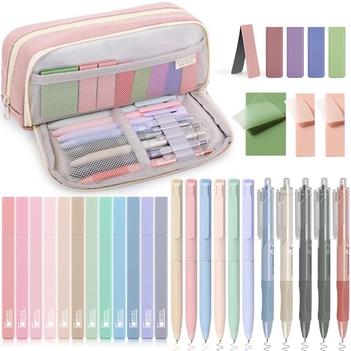 COZCLAM 32pcs Schulsachen Aesthetic mit Rosa Mäppchen, 12 Textmarker Pastell, 5 Schwarze Gelstifte, 6 Farbstifte, 5 Lesezeichen und Haftnotizen, Aesthetic School Stuff Clean Girl Schule Zubehör von COZCLAM