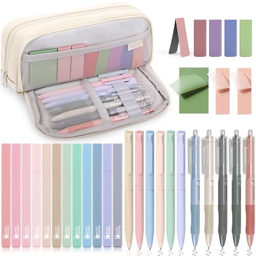 COZCLAM 32pcs Schulsachen Aesthetic mit Weiß Mäppchen, 12 Textmarker Pastell, 5 Schwarze Gelstifte, 6 Farbstifte, 5 Lesezeichen und Haftnotizen, Aesthetic School Stuff Clean Girl Schule Zubehör von COZCLAM