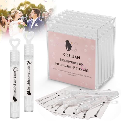 COZCLAM Seifenblasen Hochzeit 48 Stück mit Segensaufklebern, Hochzeitsseifenblasen mit Herzgriff, Hochzeit Seifenblasen Befüllt und Sofort Einsatzbereit, Wedding Bubbles für Hochzeitsdeko, Hochzeit von COZCLAM