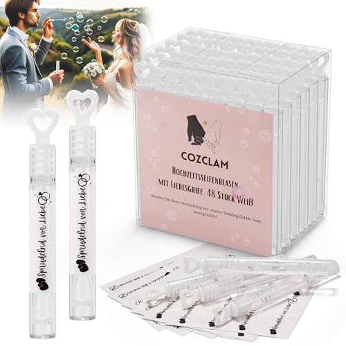 COZCLAM Gel Seifenblasen Hochzeit 48 Stück mit Segensaufklebern, Hochzeitsseifenblasen mit Herzgriff, Hochzeit Seifenblasen Befüllt und sofort einsatzbereit, Geburtstag, Goldene Hochzeit, Hochzeit von COZCLAM