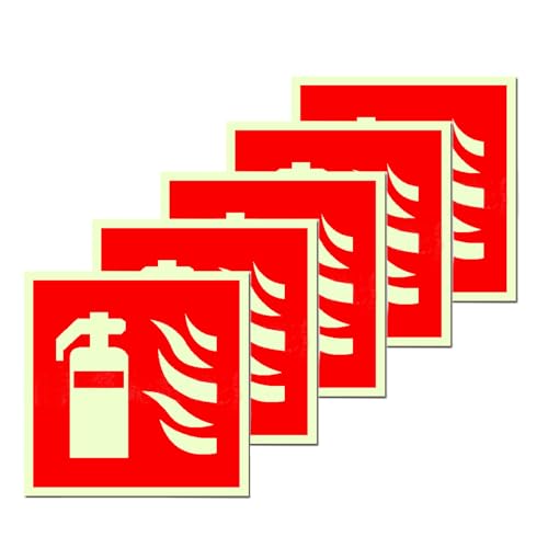 COZERI Schild Feuerlöscher Selbstklebend 5 Stück Nachleuchtend 15x15 cm Hochwertiges PVC Brandschutzzeichen für Haus Büro Baustelle und Auto Sicherheitsmarkierung Nach ISO für optimale Sichtbarkeit un von COZERI