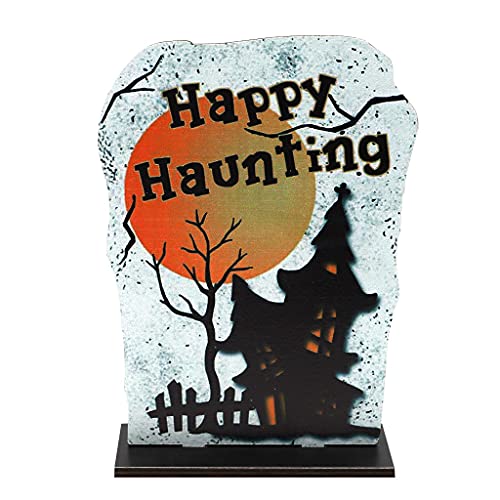 CPAOWEHF Holzschild "Happy Haunting Grabstein", Halloween-Tischdekoration, Spukhaus-Muster, Tablett, Party, Desktop-Ornament von CPAOWEHF