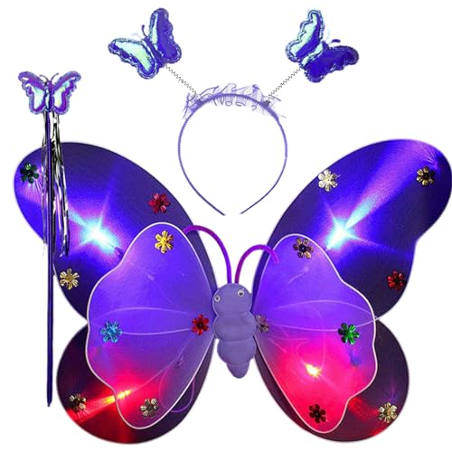 CPAOWEHF LED Feenflügel Prinzessin Feenkostüm Set Leuchtende Feenflügel Kostüm Mädchen Fee Schmetterling Flügel Stirnband von CPAOWEHF