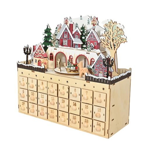 Holiday Wood Adventskalender, einzigartiger Holz-Weihnachts-Countdown-Kalender mit LED-Szene und 24 Überraschungsschubladen von CPAOWEHF