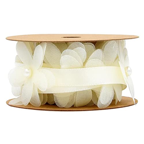 Band, Geschenkband, Weihnachts-Satinband, 2 m, Organza-Blumen-Perlen-Satinband, Gänseblümchen-Blumenband, DIY-Bastelband, Perlen-Blumen-Stoffband, Perlen-Perlenbesatz for Hochzeit, Geschenkverpackung, von CPCPC