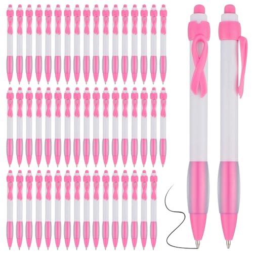 CPCPC Stifte Stylus, 50 Stück Pink Ribbon Pens Bulk, schwarze Tinte, einziehbare Kugelschreiber for Bürobedarf, Frauen, Mädchen, Geschenk, Pink von CPCPC