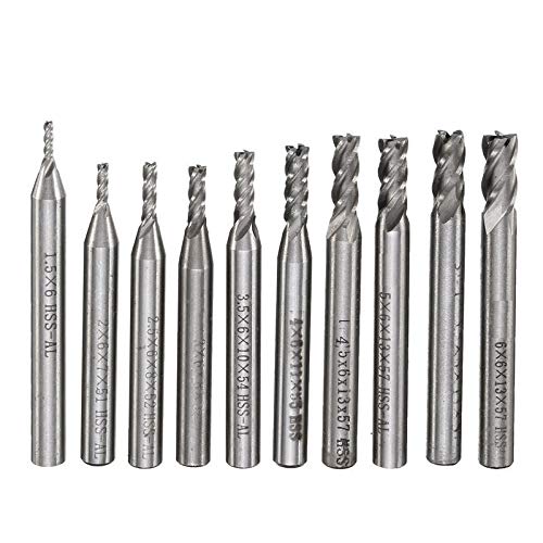 Fräser, Schaftfräser, Bohrer-Schaftfräser-Set, 10-teiliger HSS-Schaftfräser-Bohrer, 4 Nuten for CNC-Maschine, montierter Fräser 1,5–6 mm, 10 Größe HSS-Aluminiumbohrer for Holz von CPCPC