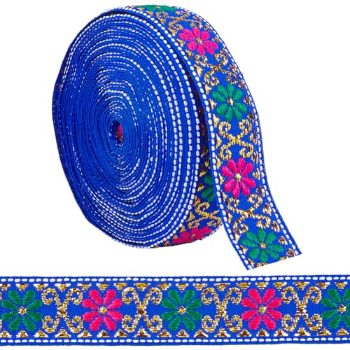 Geflochtenes Band, Stickerei-Jacquardband im Ethno-Stil, gewebtes Band, Besätze for Nähen, dekorativ, 7 m Band, 22 mm breit, Blumenmuster im Ethno-Stil (blau)(Blue) von CPCPC