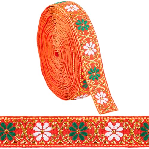 Geflochtenes Band, Stickerei-Jacquardband im Ethno-Stil, gewebtes Band, Besätze for Nähen, dekorativ, 7 m Band, 22 mm breit, Blumenmuster im Ethno-Stil (blau)(Orange Red) von CPCPC