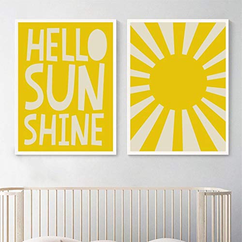 CPGG Badezimmer-Wandkunst gelbes Hello Sunshine-Zitat Wandkunst Poster und Drucke Kinderzimmer Leinwand Gemälde Wandkunst Bilder Spielzimmer Kinderzimmer Wohnkultur 40x60cmx2 ungerahmt von CPGG