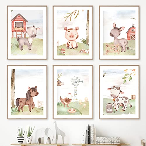 CPGG Set von 6 Pferd Kuh Schwein Huhn Bauernhof Tiere Kinderzimmer Wandkunst Leinwand Malerei Nordische Poster und Drucke Wandbild Baby Kinderzimmer Dekor-40x60cm (Kein Rahmen) von CPGG