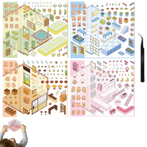 4 Sets 3D Sticker Scene, Sticker Maker, DIY Scene Stickers Ihr Restaurant, Obstladen, Heißwasserladen, Bäckerei, Relief Stress DIY Gemütliches kleines Haus Scene Stickers Buch (Mit Pinzette) von CPRNQY