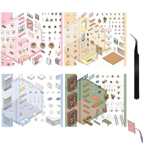 4 Sets 3D Sticker Scene, Sticker Maker, DIY Scene Stickers Your Dessertladen, Lebensmittelgeschäft, Buchhandlung, Blumenladen, Fun DIY Stacking Scene Stickers Relief Stress (Mit Pinzette) von CPRNQY