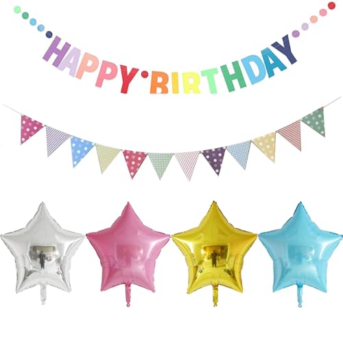 6 Stück Geburtstagsgirlande, Geburtstagsdeko, Happy Birthday Banner, Happy Birthday Girlande mit Dreieckiger Girlande, Geburtstagsdeko mit Bunten Punkten Dreiecksflaggen und Luftballons von CPRNQY